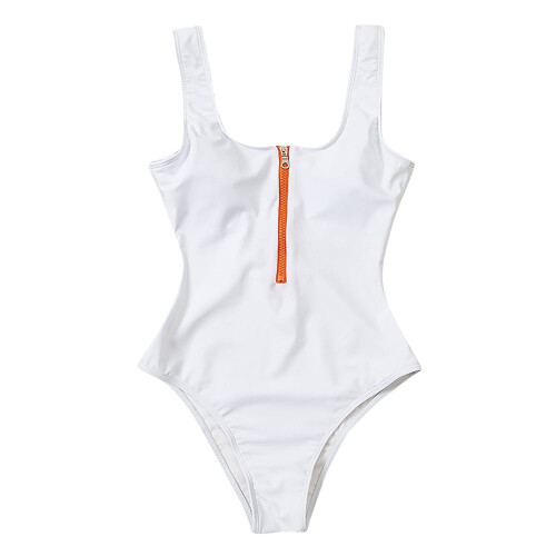 White Zip Mock Neck One-Piece Swimsuit (M) Women's 2