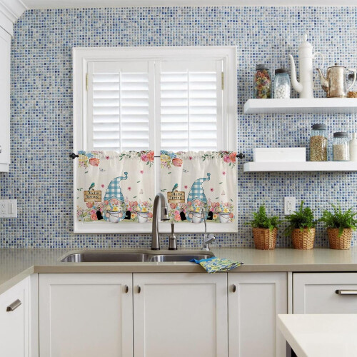 Κουρτίνα κουζίνας Hello Spring Gnome Tiers & Valance, Vintage ακουαρέλα με σχέδιο λουλουδιών και 2
