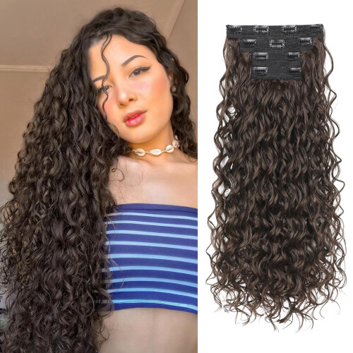 JINYUN Curly Extensions μαλλιών με κλιπ, 4 τεμάχια 24", δαντελένιο υφάδι, κοντό σγουρό, καφέ 1