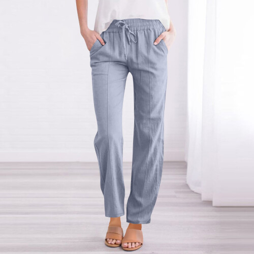 Calça feminina de corte reto em algodão e linho cinza 1