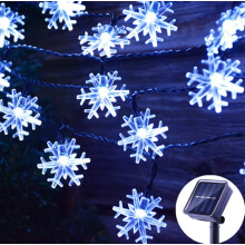 Solární řetězec sněhových vloček, 4,6 m, 20 LED, 8 režimů, vodotěsný, na terasu/zahradu/vánoční stromeček – modrý