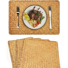 Boho placemats set van 4, natuurlijk geweven rotan, 43 x 30 cm, rechthoekige placemats voor eettafel, keuken, picknick – Caramels