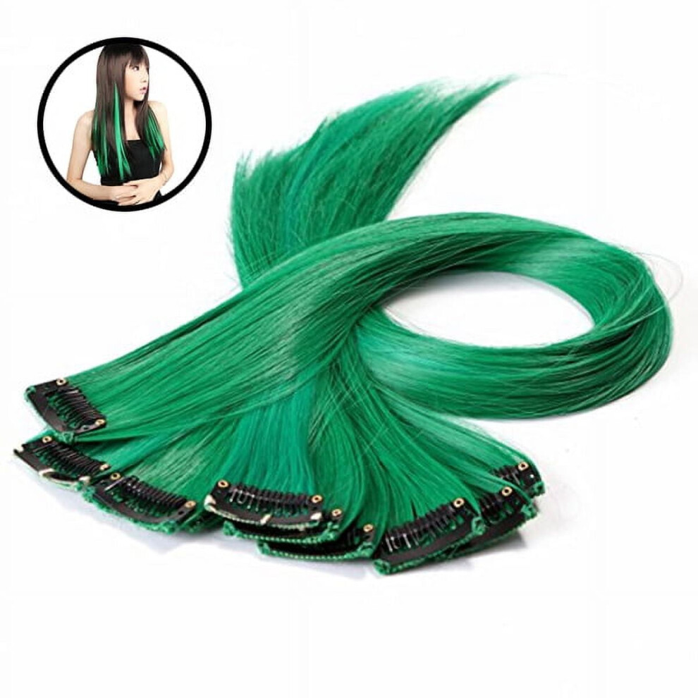 Unisex Green 10Pcs Colored Highlight Synthetic Clip On In Hair Extensions (Green)