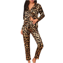 Pyjamaset voor dames met modieuze print, tweedelig pak met lange mouwen en lange broek, nachtjapon, bruin maat L