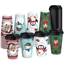 16oz Disposable Paper Coffee Cups with Lids (48pc) – Snowman & Nutcracker Design, Thickened for Hot/Cold Drinks, Home/Cafe Use