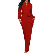 Macacão feminino casual liso, sexy, com decote em V profundo e cinto, comprimento reto, tamanho grande, em promoção.