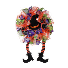 Couronne d'Halloween en maille orange 30 x 16 pouces – Couronne de porte artificielle de sorcière effrayante pour décoration de fête