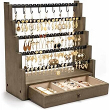 5-Layer Wooden Jewelry Stand with Necklace Hooks