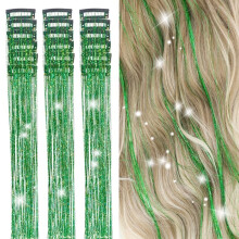 18 pinzas de oropel verde para el cabello, extensiones de cabello de hadas brillantes resistentes al calor de 50 cm para niñas y mujeres.