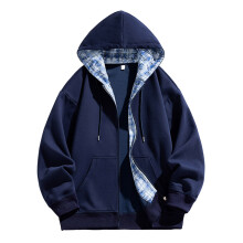 Felpa con cappuccio da uomo a maniche lunghe con coulisse e zip, motivo a quadri e blocchi di colore, traspirante, ideale per le vacanze, colore blu