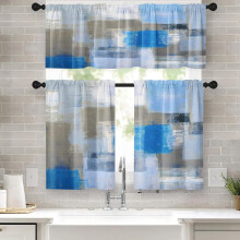 Ensemble de 3 rideaux de cuisine abstraits bleu clair et gris de 91 cm (36 po), rideaux courts blancs style art moderne + cantonnières, décoration