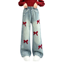 Cartoon Bowknot Embroidery High Waist Wide Leg Denim Trousers with Pockets, Red, 11-12 Years – Compatible with Kids