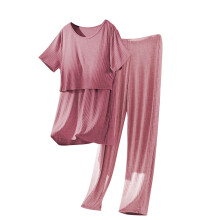 Women's Plus Size Nursing Maternity Pajama Set Soft Solid Color Round Neck Short Sleeve Top with Built-in Bra Lounge Pants M-3XL