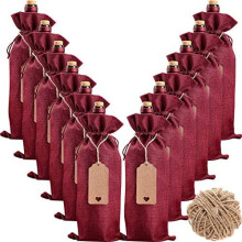 Sacs à vin en toile de jute – 12 housses de bouteille réutilisables avec cordons de serrage, étiquettes et corde, compatibles avec les
