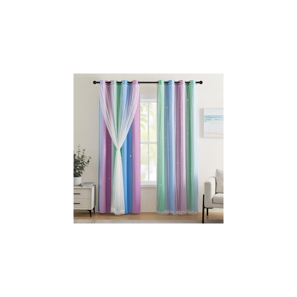Kids Blackout Curtains, 52X45", 2-Pc Set – Compatible With Nursery, Rainbow Princess & Unicorn Decor Green/Purple/Blue