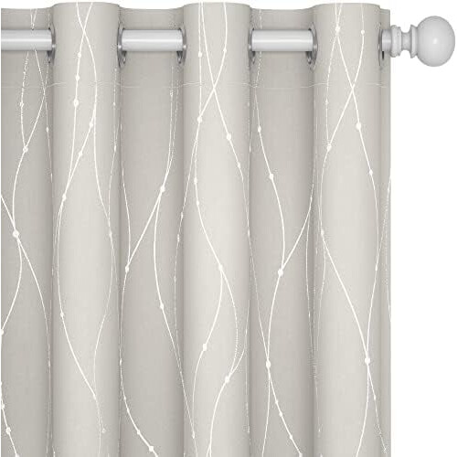 Beige Thermal Blackout Curtains with Silver Wave Print,