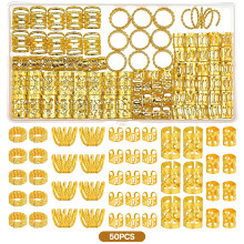 DESIGNICE Haarflechtring-Set – 50-teiliges Set aus Dreadlock-Manschetten aus Legierung, goldfarbener, durchbrochener Haarschmuck für Zöpfe,