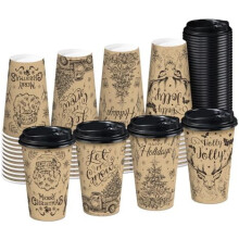 16 oz Disposable Paper Coffee Cups with Lids (48-Pack), Christmas Black Design, Thickened, Hot/Cold, Compatible with Standard Cup Holders