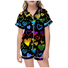 Ediodpoh Kinderpyjama-Set für Mädchen, Valentinstag-Print, Kurzarm-Oberteil mit Knöpfen und Shorts mit Taschen, Schwarz, 10-11 Jahre