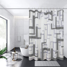 Extra lange douchegordijnvoering (72x84 cm), duifgrijs met geometrisch patroon en haken, wasbare stof, lichtgrijs – geschikt voor standaard douches