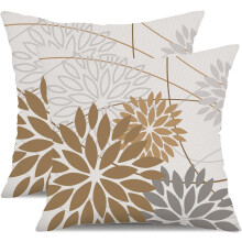 Housses de coussin d'extérieur marron et gris 40 x 40 cm (2 pièces), imperméables, en lin à motif floral, pour terrasse, jardin, canapé –