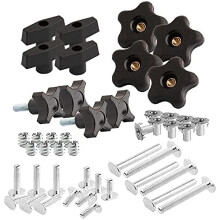 Kit de ferragens para trilho em T com parafusos, puxadores e insertos.