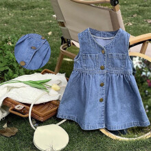 Ærmeløs casual sommerkjole til piger, denimkjole til 2-7 år, aktive kjoler, feriekjoler til piger