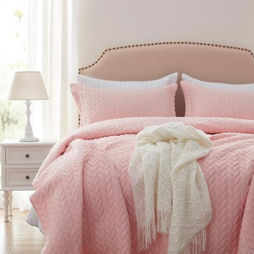 Pink quilt queen size reversible comforter set 3 pcs 2