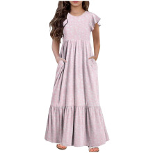 Vestido de verano de manga corta para niñas de 6 a 13 años, con cuello redondo, estampado moderno y bolsillos, ideal para uso diario (rosa, 10-11