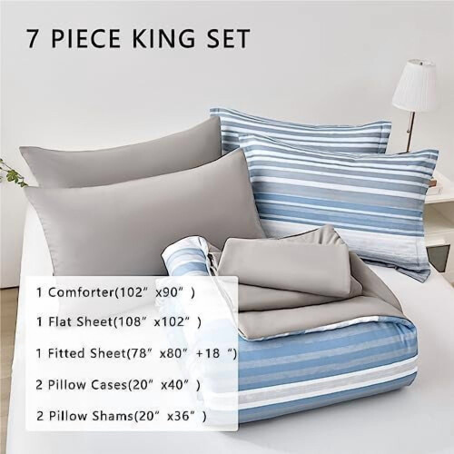 7-teiliges Queensize-Bettset – Weiß-Grau-Dunkelgrün gestreift 1