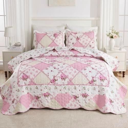 Blåt blomstermønster patchwork quiltsæt, vendbart 3-delt 1