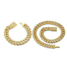 HALUKAKAH Diamond Gold Chain for Men,18k Real Gold Plated Fully Iced Out 15MM Miami Cuban Link Chain Necklace Bracelet Set,Lab Diamond Prong