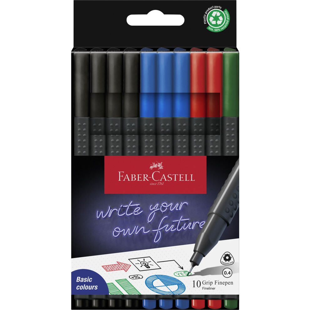 Faber-Castell Grip Finepen Office Set - 10 Fineliners, 0.4 Mm, Multicoloured