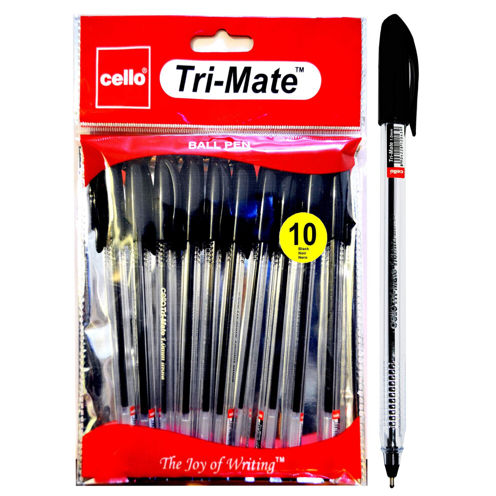Cello Ballpoint Pens, Tri-Mate Medium Point Biros Multipack Pens | 1.0Mm Ball Point Ink Pens For Writing | Ballpoint Pens Ideal For Black