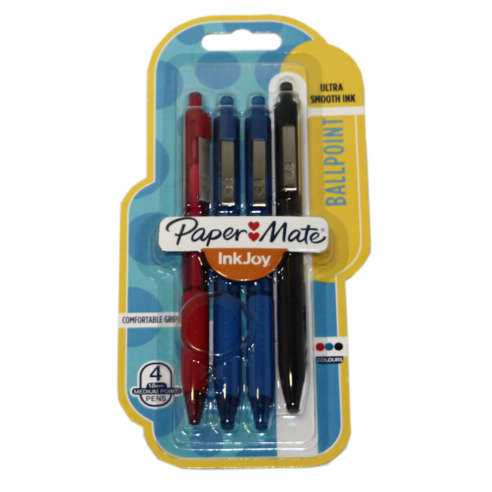 Paper Mate Inkjoy Retractable Ballpoint Pens. Asst Colours. Pack Of 4.