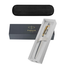 Personalised Engraved Parker Jotter Stainless Steel Gold Trim Black Ink Ballpoint Pen Gift Boxed with a Classy Leather Pen Slip - Enter Your Custom