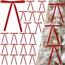 24Pcs Velvet Ribbon Bows for Christmas Tree – Vintage Decor, Wreath & Wedding, 5x7", 3/8" Width, Clear Twist Tie