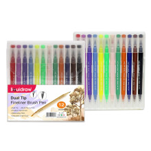 Liquidraw Dual Tip Brush Pens Fineliner Colouring Set - 12 Pack | 0.4 mm Fine Tip & 1-2 mm Brush | Assorted Colours | Great For Sketching, Painting,