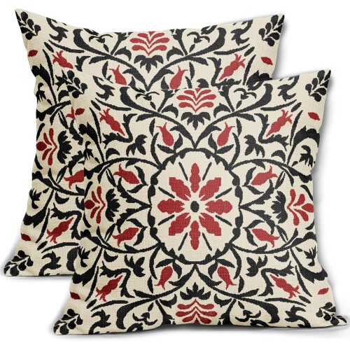 Μαύρα & Κόκκινα Μαξιλαροθήκες Boho 18x18", Vintage Εκτύπωση Λουλουδιών, Λινά Τετράγωνα
