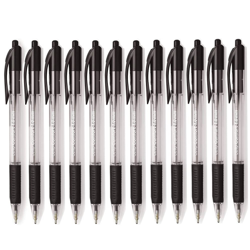 Cello Black Biro Pens (Pack Of 12) 1.0Mm Ball Point Black Ink Pens For Writing | Ballpoint Pens Ideal For Stationery & Office Supplies And School