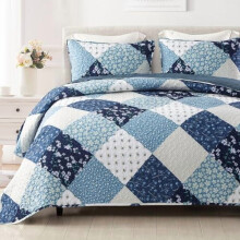 Omkeerbare boho-dekbedovertrek, tweepersoonsformaat, lichtgewicht, geschikt voor alle seizoenen, blauw met bloemenpatchwork (1 dekbedovertrek + 1