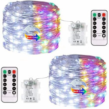 Conjunto de 2 luzes de fada de 200 LEDs, 20 metros de comprimento, com 8 modos de iluminação, controle remoto, alimentadas por bateria,