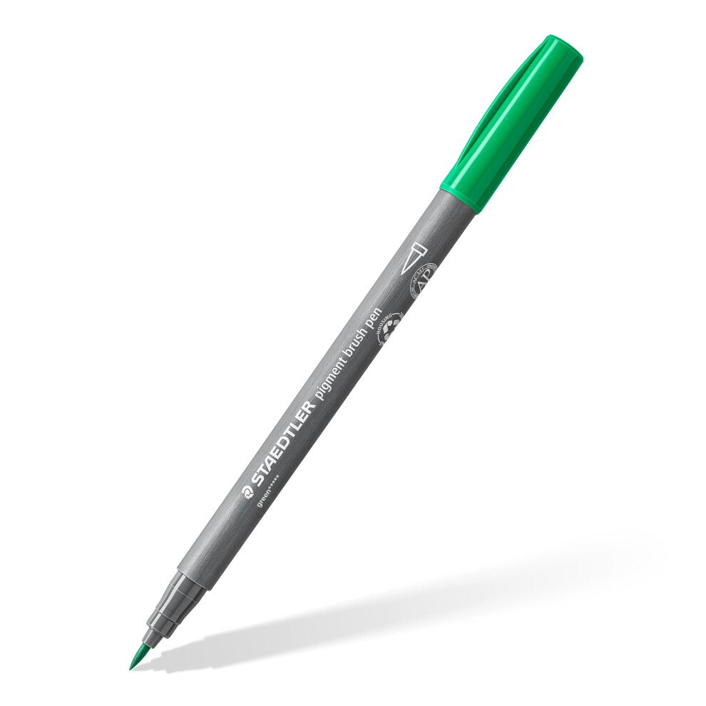 Staedtler Brush Pen Pigment Arts, Green, Pigmented Premium Drawing Ink, Brush Tip For Variable Line Width, Waterproof, Quick-Drying, Brush Pen Single