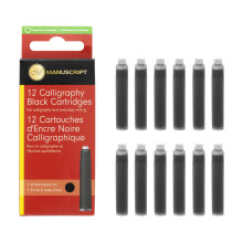 Manuscript Black Ink Cartridges (Pack of 12) - Calligraphy Ink Cartridges for Fountain Pens, Compatible with International Size Fountain Pen, Perfect