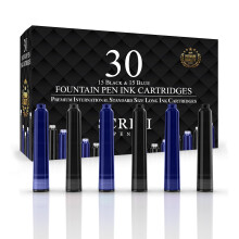 SCRIVI PENS Fountain Pen Ink Refills - Set of 30 Black & Blue Ink Cartridges - International Standard Size - Length APPR 2.04 Inch - Base Diameter