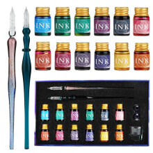 GC Glass Dip Pen Set - 2 Glass Dip Pens, 12 Multicoloured Ink, 1 Pen Holder and 1 Cleansing Cup - for Greeting Cards, Poster Cards, Signatures,