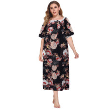 Plus size nachtjurk voor dames met korte mouwen, bloemenprint, vierkante hals, losse lange slaapjurk