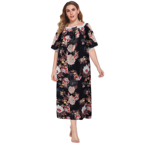 Νυχτικό Plus Size για γυναίκες με κοντό μανίκι, φλοράλ νυχτικό με τετράγωνη