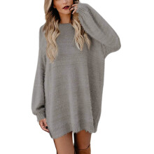 Vestido feminino de manga comprida em cor sólida, gola alta em tricô, modelo slim, estilo suéter de pelúcia, ideal para outono e inverno, cinza