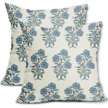 Kissenbezüge mit blauem Blumenmuster (45 x 45 cm), hellblau-grüne Chinoiserie-Vögel, Leinen-Kissenbezüge im Landhausstil für Sofa/Schlafzimmer